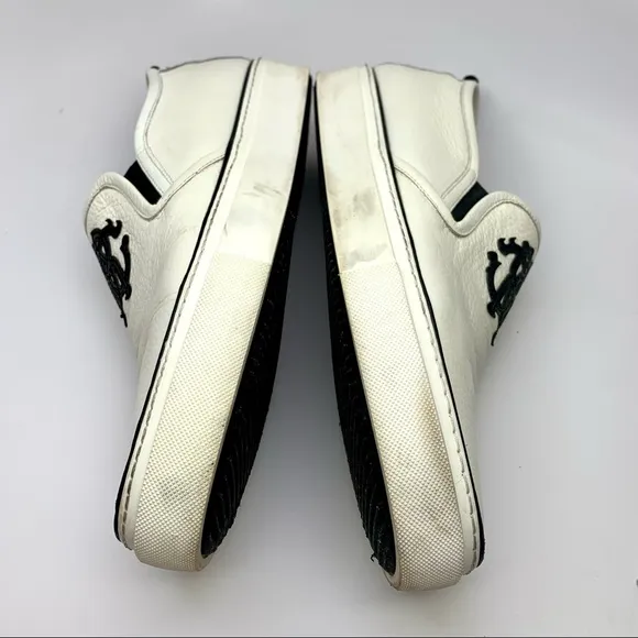 ROBERTO CAVALLI MEN'S LOGO LEATHER SLIP ON LOW-TOP WHITE &amp; BLACK SNEAKERS