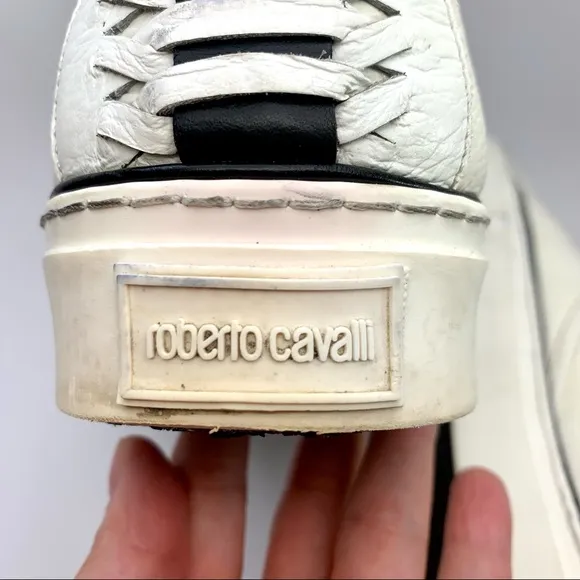 ROBERTO CAVALLI MEN'S LOGO LEATHER SLIP ON LOW-TOP WHITE &amp; BLACK SNEAKERS