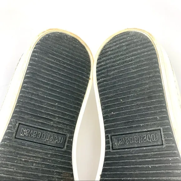 ROBERTO CAVALLI MEN'S LOGO LEATHER SLIP ON LOW-TOP WHITE &amp; BLACK SNEAKERS