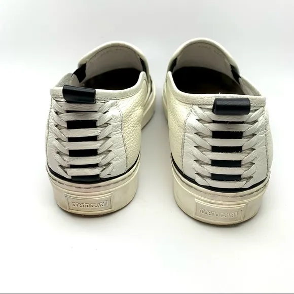 ROBERTO CAVALLI MEN'S LOGO LEATHER SLIP ON LOW-TOP WHITE &amp; BLACK SNEAKERS
