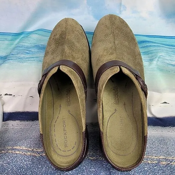 ROCKPORT Waterproof Hydro Shield Suede Genuine Leather Olive Mules Loafers 7.5 M