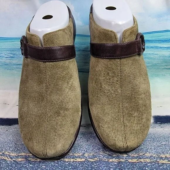 ROCKPORT Waterproof Hydro Shield Suede Genuine Leather Olive Mules Loafers 7.5 M