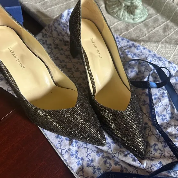 Sarah Flint Perfect Emma 50 mm sleek block heel pump black and gold sparkle