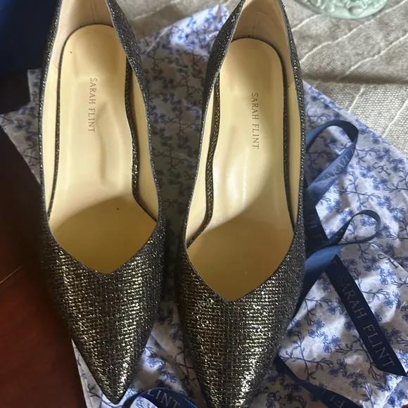 Sarah Flint Perfect Emma 50 mm sleek block heel pump black and gold sparkle