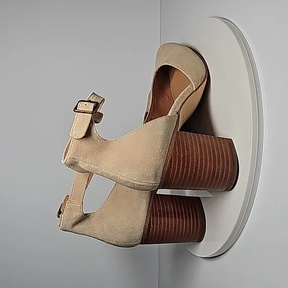 Soludos The Gemma Shoes Stacked Heels Ankle Strap Almond Toe Suede Sand Beige 10