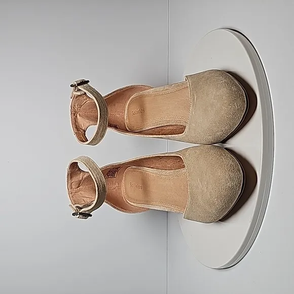 Soludos The Gemma Shoes Stacked Heels Ankle Strap Almond Toe Suede Sand Beige 10