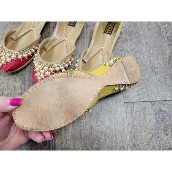 Soma Hand Artisan Made Leather Beaded Velour Pakistan Shoes 6 Flats Red Yellow