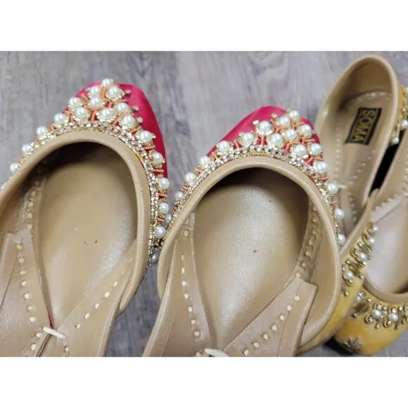 Soma Hand Artisan Made Leather Beaded Velour Pakistan Shoes 6 Flats Red Yellow