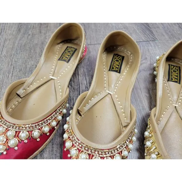 Soma Hand Artisan Made Leather Beaded Velour Pakistan Shoes 6 Flats Red Yellow