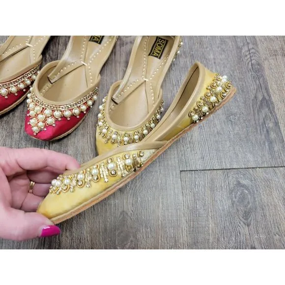 Soma Hand Artisan Made Leather Beaded Velour Pakistan Shoes 6 Flats Red Yellow