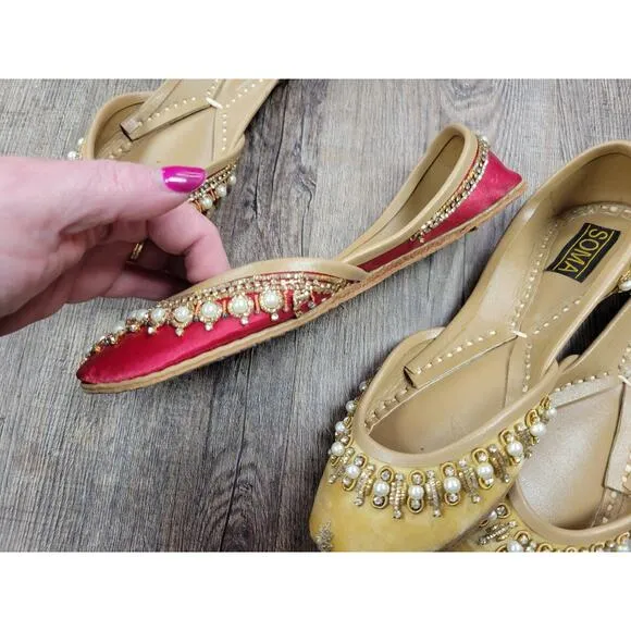 Soma Hand Artisan Made Leather Beaded Velour Pakistan Shoes 6 Flats Red Yellow