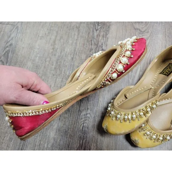 Soma Hand Artisan Made Leather Beaded Velour Pakistan Shoes 6 Flats Red Yellow