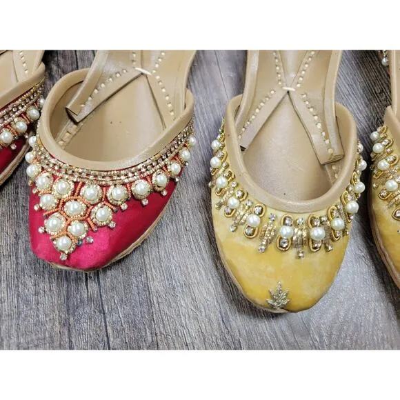 Soma Hand Artisan Made Leather Beaded Velour Pakistan Shoes 6 Flats Red Yellow