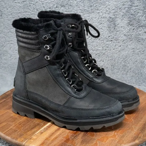 Sorel Lennox Cozy STKD Waterproof Black Lace Up Boots Womens 7