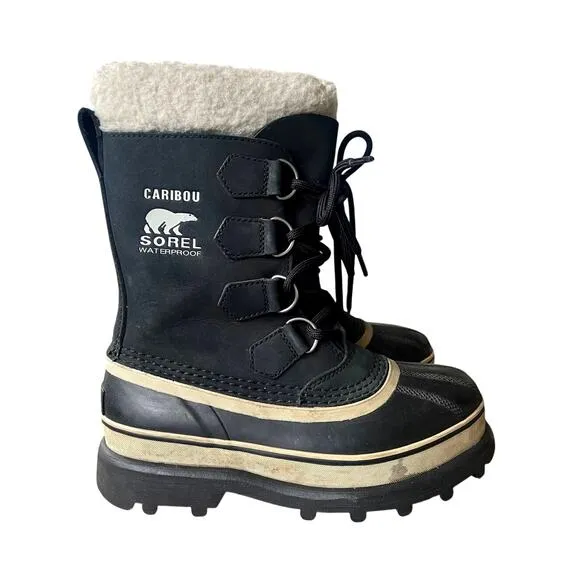 Sorel Womans 6 Caribou Snow Boots Shearling Wool Lined Waterproof Shoes Black