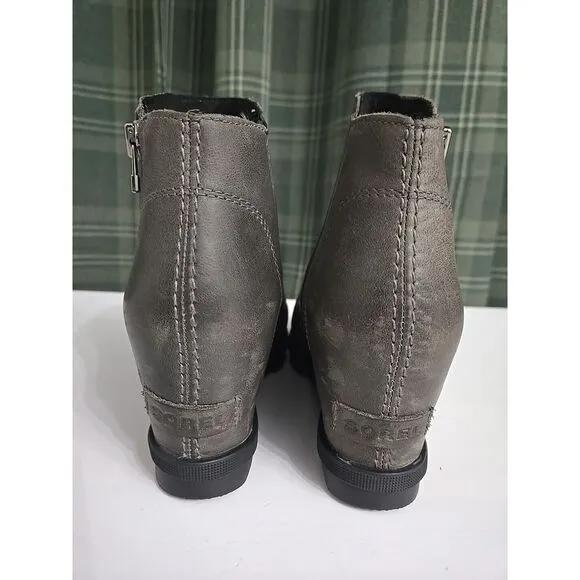 Sorel Women Joan-Of-Arctic Boot‎ Size 8 Gray Leather Hidden Wedge Heel Zip Up