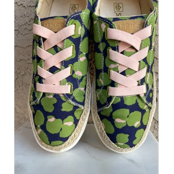 SPENCO Malibu Green &amp; Navy Bokeh Spotted Canvas Lace Up Orthotic Sneakers Sz 8