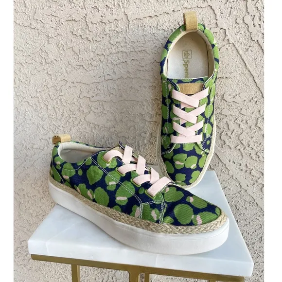 SPENCO Malibu Green &amp; Navy Bokeh Spotted Canvas Lace Up Orthotic Sneakers Sz 8
