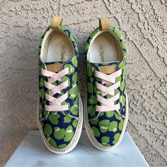 SPENCO Malibu Green &amp; Navy Bokeh Spotted Canvas Lace Up Orthotic Sneakers Sz 8