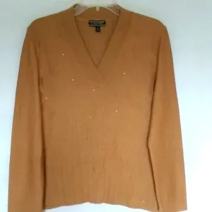 ST JOHN Design Knit Sweater Top V-Neck Burnt Out Nature Theme Rust  Size Small