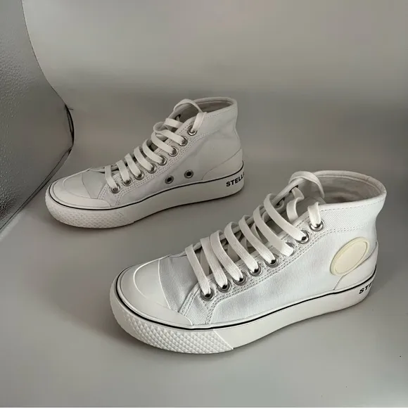 stella mccartney canvas logo high top sneakers in white