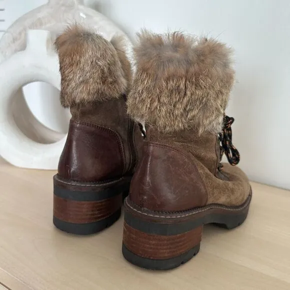 Suede Fur Hiking Boots Womens 7.5 Leather Lace Up Fur Shearling Block Heel EU 38