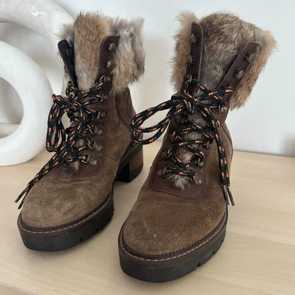 Suede Fur Hiking Boots Womens 7.5 Leather Lace Up Fur Shearling Block Heel EU 38