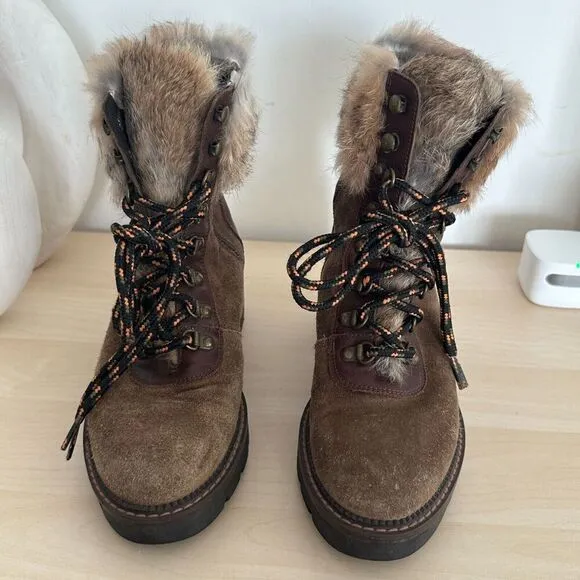 Suede Fur Hiking Boots Womens 7.5 Leather Lace Up Fur Shearling Block Heel EU 38