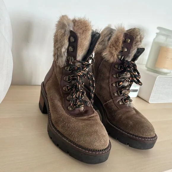 Suede Fur Hiking Boots Womens 7.5 Leather Lace Up Fur Shearling Block Heel EU 38