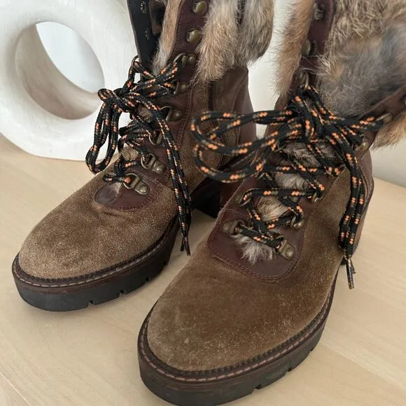 Suede Fur Hiking Boots Womens 7.5 Leather Lace Up Fur Shearling Block Heel EU 38