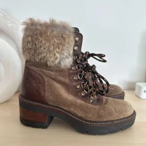 Suede Fur Hiking Boots Womens 7.5 Leather Lace Up Fur Shearling Block Heel EU 38