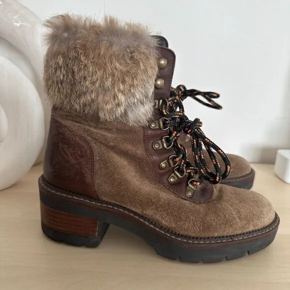 Suede Fur Hiking Boots Womens 7.5 Leather Lace Up Fur Shearling Block Heel EU 38