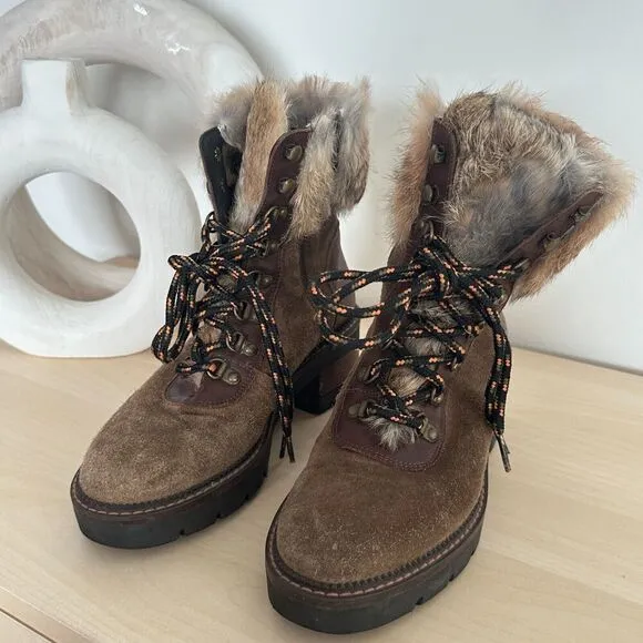 Suede Fur Hiking Boots Womens 7.5 Leather Lace Up Fur Shearling Block Heel EU 38