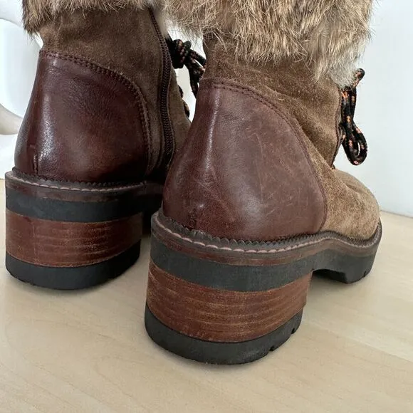 Suede Fur Hiking Boots Womens 7.5 Leather Lace Up Fur Shearling Block Heel EU 38