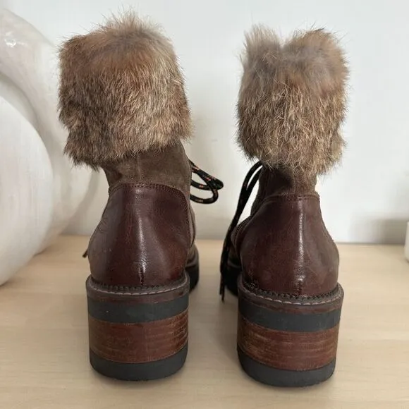 Suede Fur Hiking Boots Womens 7.5 Leather Lace Up Fur Shearling Block Heel EU 38