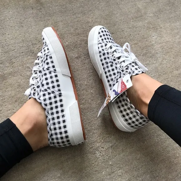 SUPERGA Black/White Plaid Canvas Lace Up Sneakers