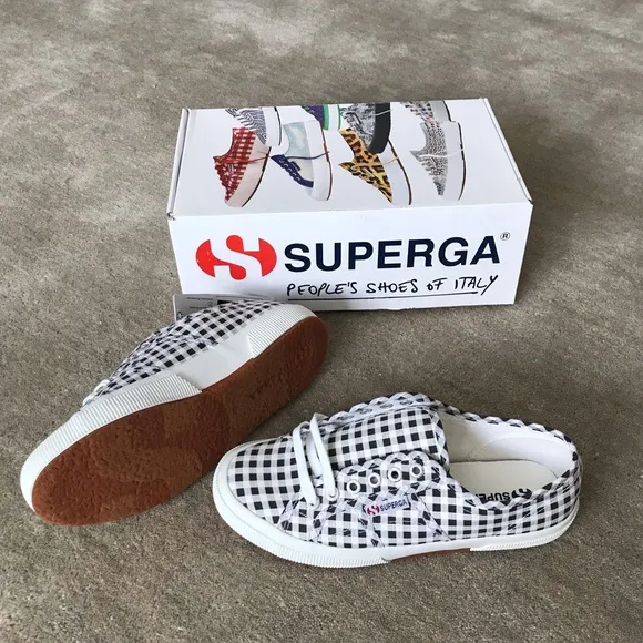 SUPERGA Black/White Plaid Canvas Lace Up Sneakers
