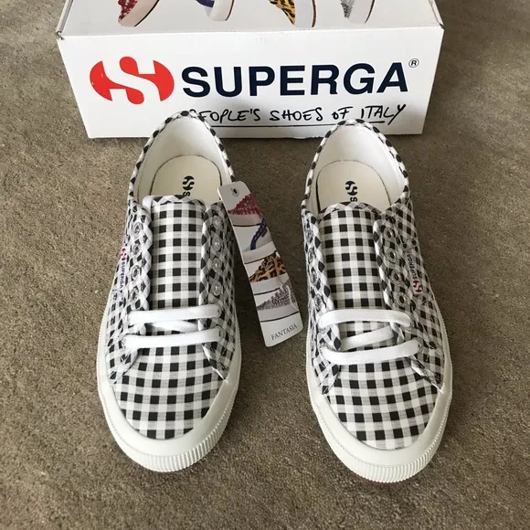 SUPERGA Black/White Plaid Canvas Lace Up Sneakers