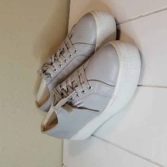 Superga Leather Sneaker Shoes Women Size 8 Gray Platform Casual Lace Up