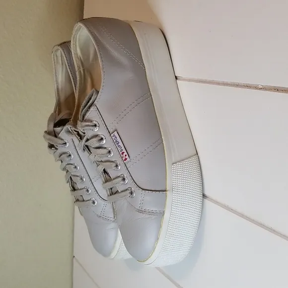 Superga Leather Sneaker Shoes Women Size 8 Gray Platform Casual Lace Up