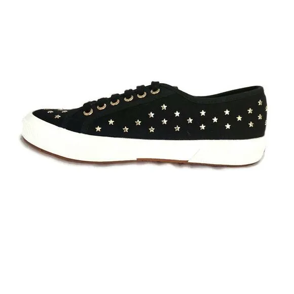 Superga Women's Black Canvas Gold Star Studs Low Top Sneakers Size 40