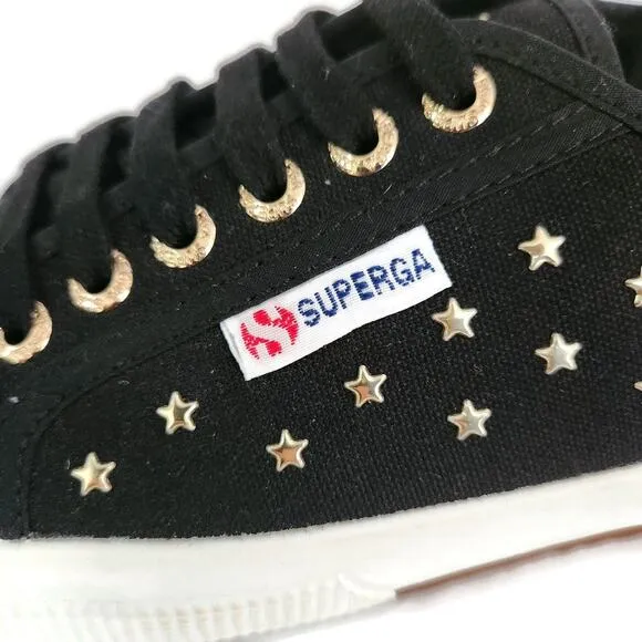 Superga Women's Black Canvas Gold Star Studs Low Top Sneakers Size 40