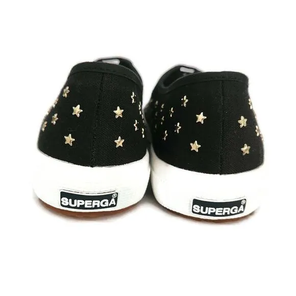 Superga Women's Black Canvas Gold Star Studs Low Top Sneakers Size 40