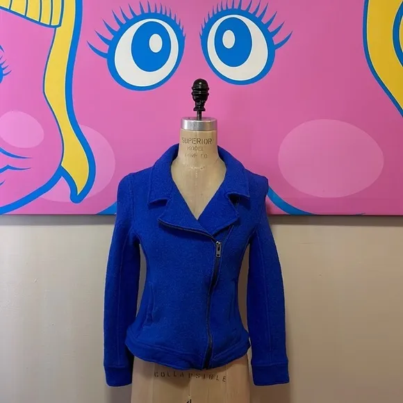 Tahari Electric Blue Boiled Wool Moto Jacket