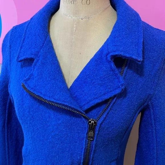 Tahari Electric Blue Boiled Wool Moto Jacket