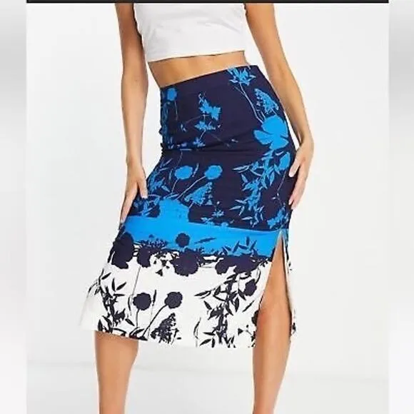 Ted Baker Selaah Bluebell Side Slit Midi Skirt Floral Size 2