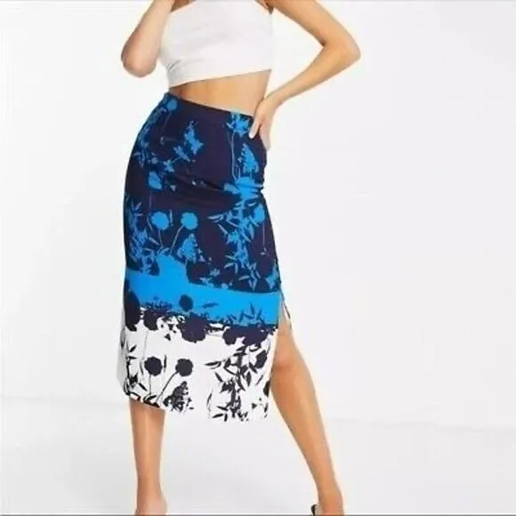 Ted Baker Selaah Bluebell Side Slit Midi Skirt Floral Size 2