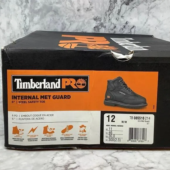 Timberland Pro Size 12M Black Internal Met Guard 6&quot; Work Boots Steel Toe P18-1