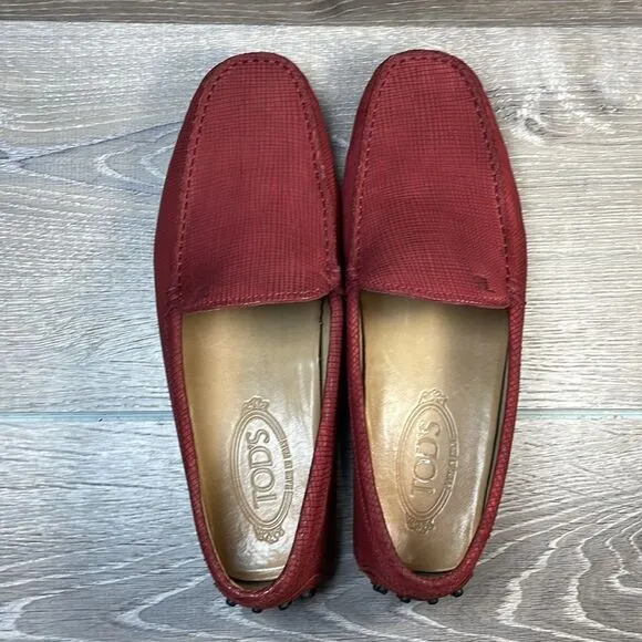 Tod’s Red Leather Men’s Sz 6.5 Slip On Casual Rubber Grip Loafer Driving Shoes