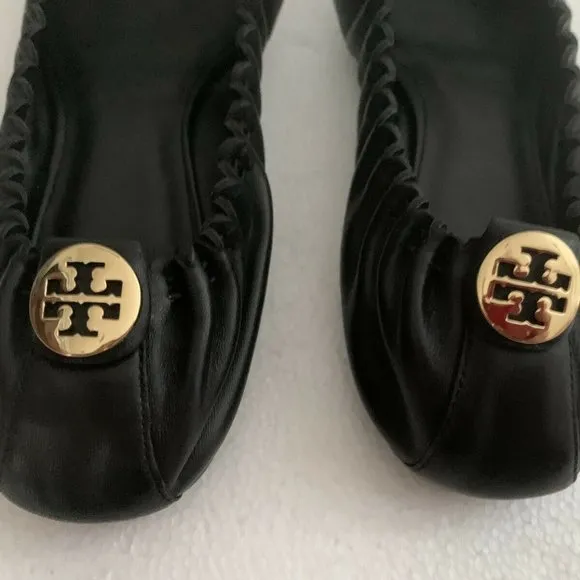 TORY BURCH BLACK MESTICO REESE NEW SHOES LEATHER LOGO BALLET FLATS 6.5